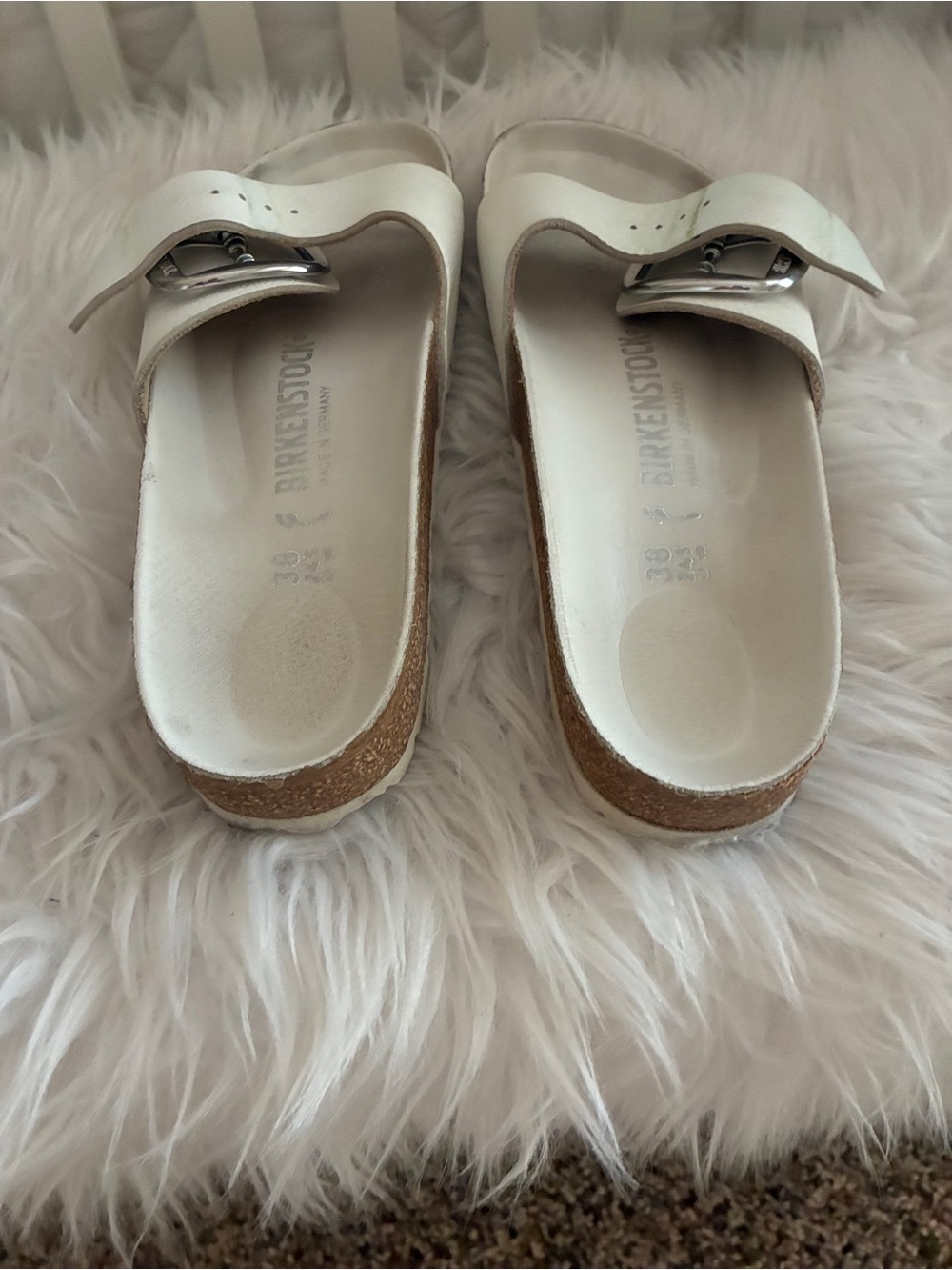Birkenstock White Slide Sandals - Silver buckle Sz 38 - Picture 7 of 12